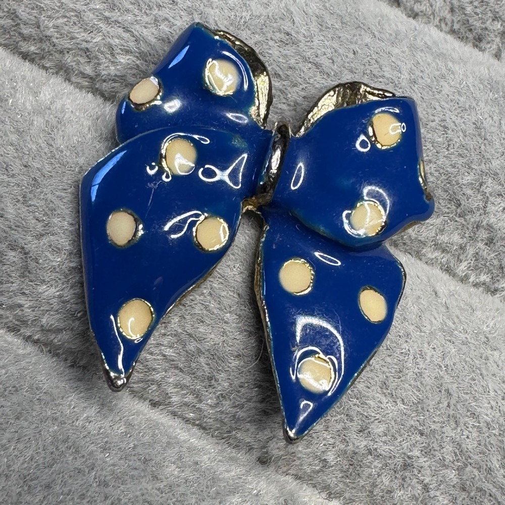Vintage Blue Enamel PolkaDot Bow Brooch Silvertone Ribbon Pin 1" Ribbon Coquette